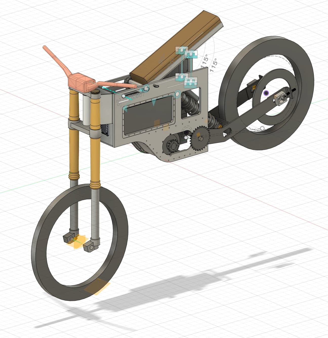 CAD model of the whole bike showing the plate frame, battery box, two-stage chain drive and swingarm